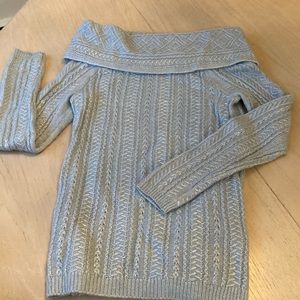 Sparkly wool blend baby blue cowl neck sweater with sparkled threads throughout.